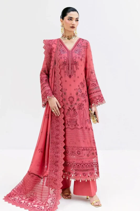 Zilverah salmon tea pink embroidered georgette 3-piece formal wear suit — buy online Norway