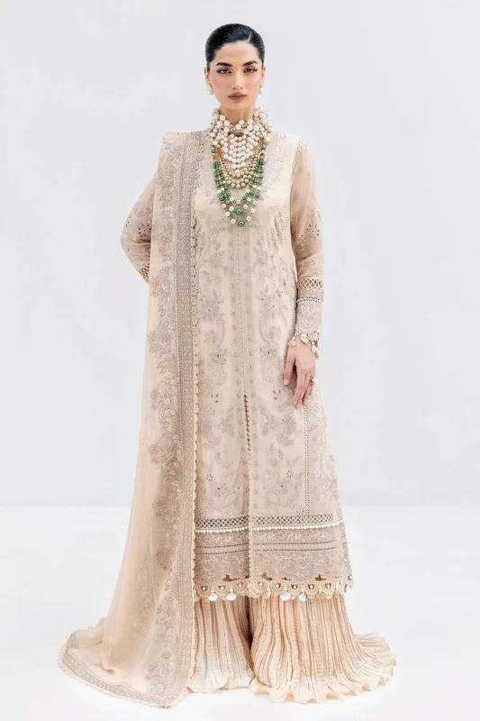 Zilverah sand embroidered georgette 3-piece party wear suit for Pakistani weddings in Norway