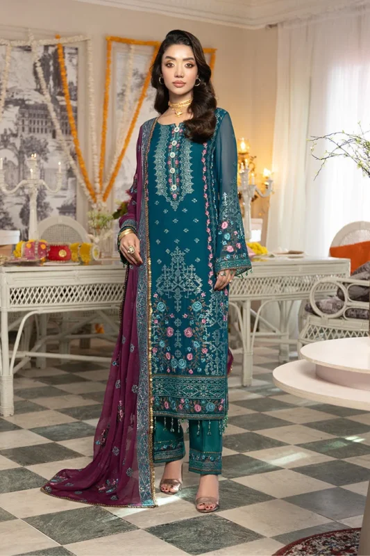 Zilverah sea green embroidered chiffon formal wear 3-piece suit – buy Pakistani dress Norway