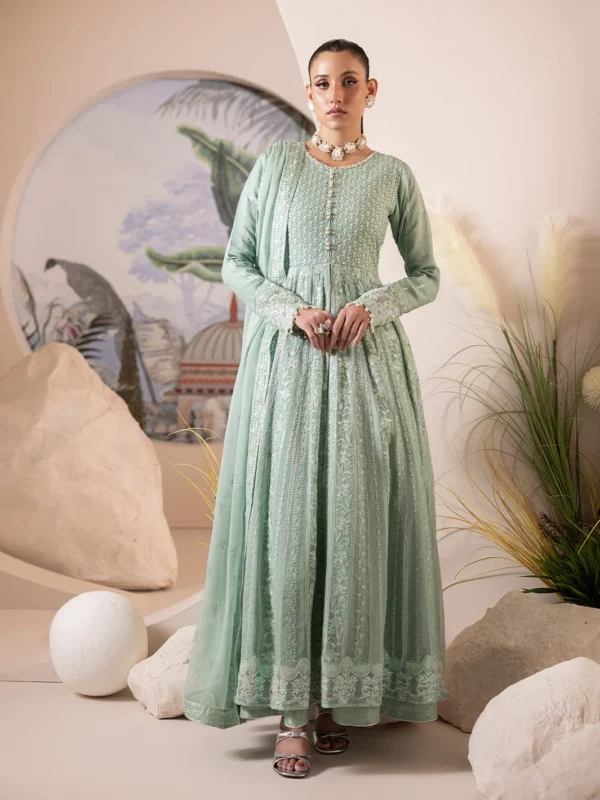 Zilverah sea green embroidered chiffon party wear frock available in Norway
