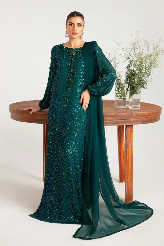 Zilverah sequined green chiffon 3-piece party wear dress available to buy online Norway