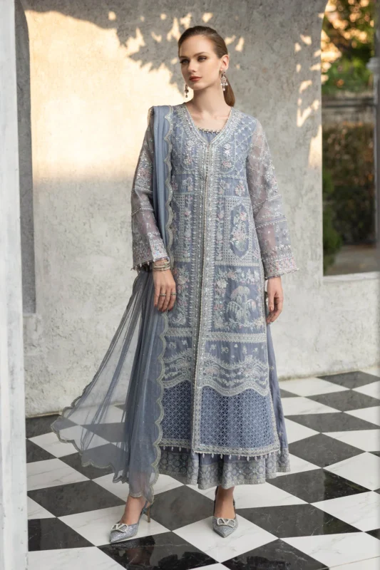 Zilverah Sky Blue Embroidered Organza 3-Piece Formal Wear Suit — Buy Online Norway