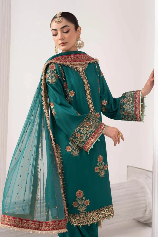 Zilverah Teal Raw Silk Embroidered 3-Piece Formal Wear — Buy Online Norway