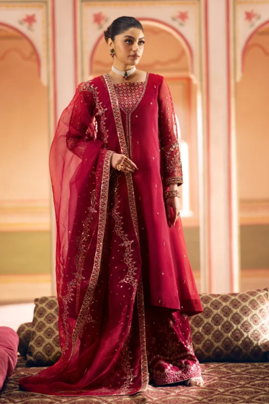Zilverah wine red organza party wear frock with adda embroidery and raw silk trousers — buy Pakistani dress Norway